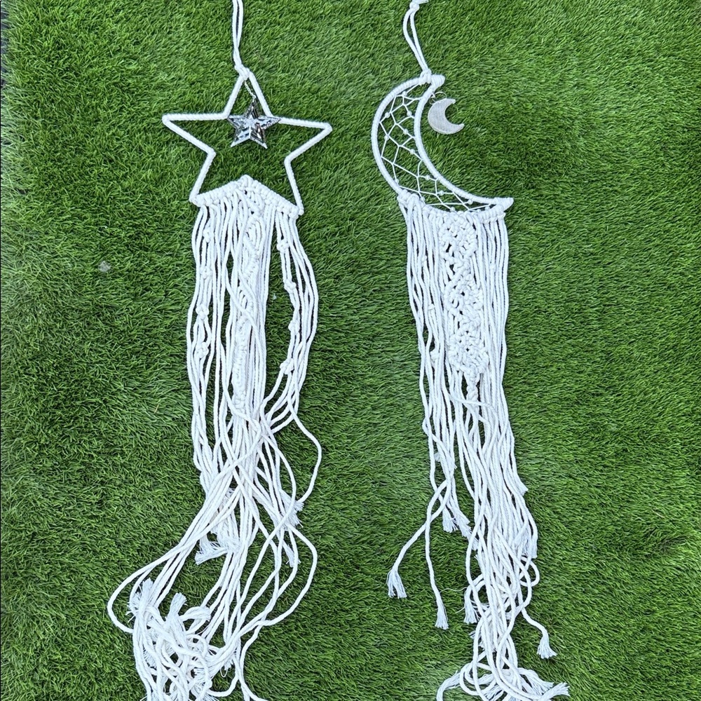 White Star and Moon Macrame Dream Catcher Wall Hangings